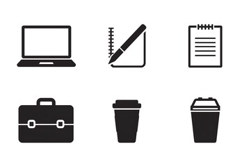 Set of six business and office icons including laptop notebook pen briefcase and coffee cups