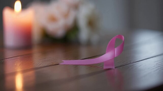 Moment of reflection at a memorial with a pink ribbon representing support for breast cancer awareness