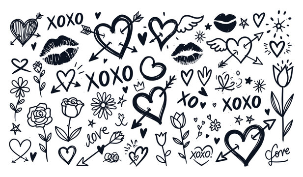 Collection of hand drawn black hearts kisses flowers and xoxo text on white background love