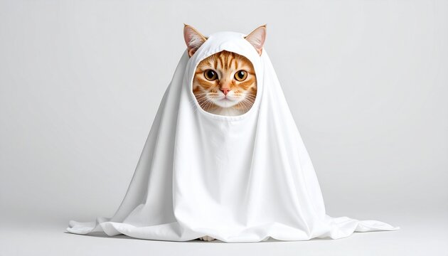 A funny orange tabby cat sitting comfortably inside a cozy white sheet ghost costume