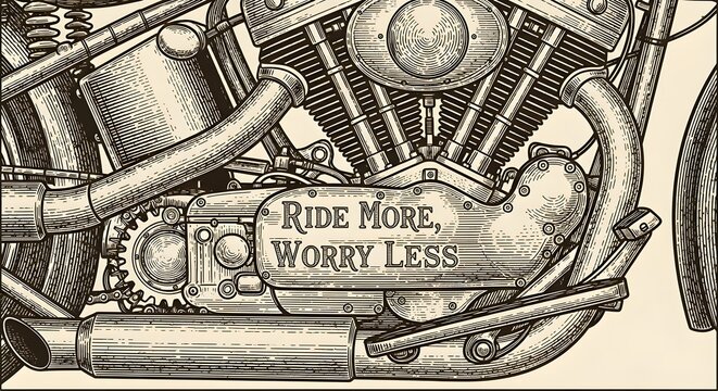 Close-up of a detailed vintage motorcycle engine with a motivational quote engraved on the metal part