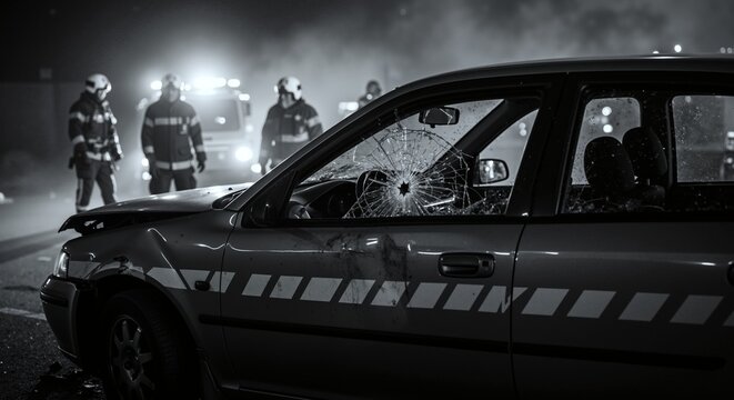 Aftermath of car accident at night with wrecked vehicle. Close-up on shattered window with first responders in background. Dramatic black and white image