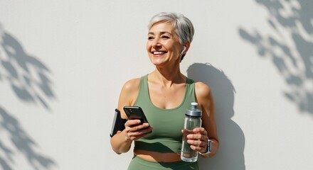 Happy senior woman in sportswear taking break from her workout. Active mature lady using smartphone and listening to music outdoors. Healthy aging and fitness concept with copy space