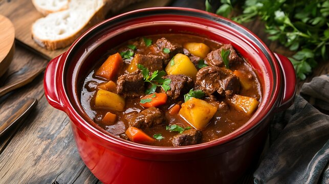 Traditional goulash or beef stew in red crock pot ready to serve