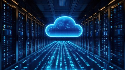Futuristic server room with glowing cloud symbol