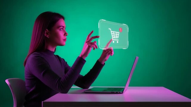 Woman interacting with a digital shopping cart icon on a futuristic interface
