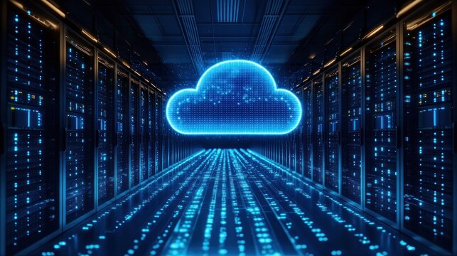Futuristic server room with glowing cloud symbol - Powered by Adobe
