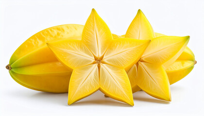 Fresh and Ripe Star Fruit Halved and Whole on White Background