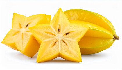 Freshly cut and whole star fruit, a tropical delight, displayed with its distinctive five-point star cross-section, highlighting its juicy and sweet nature