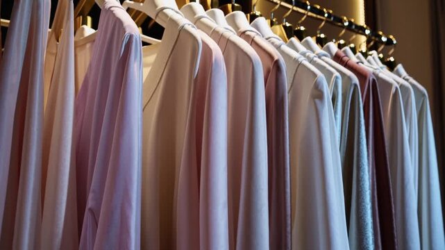 Elegant clothing display in a boutique showcasing various soft pastel shades and textures in a modern retail environment