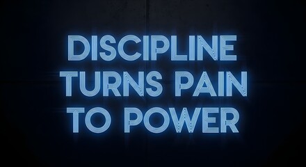 A neon sign displaying the motivational quote 'Discipline turns pain to power' in bright blue against a dark background, emphasizing determination and resilience