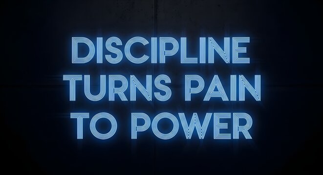 A neon sign displaying the motivational quote 'Discipline turns pain to power' in bright blue against a dark background, emphasizing determination and resilience