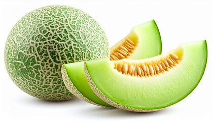 Fresh cantaloupe with slices revealing sweet, juicy interior, isolated on white