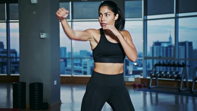 Woman wearing black workout gym gear shadowboxing in a high rise exercise facility background and studio lighting for a sports wear marketing concept