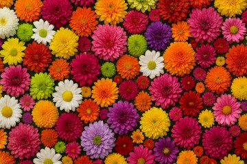 Bright multicolored flowers arranged in seamless pattern forming a floral background of vibrant petals in full bloom for decorative nature concept use. Ai generative