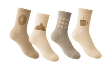 Set four cozy socks neutral colors graphic symbols apparel, cut out transparent