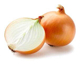 Close-up of a halved and whole brown onion against a white backdrop