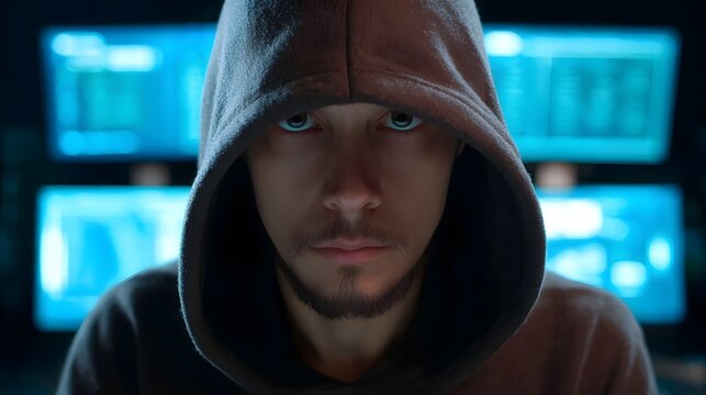 Hooded figure with intense focus stares from a dark room illuminated by glowing computer screens