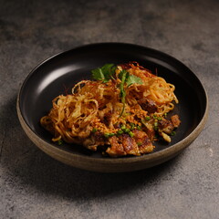 A close-up of a Japanese Dry ramen topped with flavorful ingredients, captured with moody lighting and dark background for a professional food photography style.
