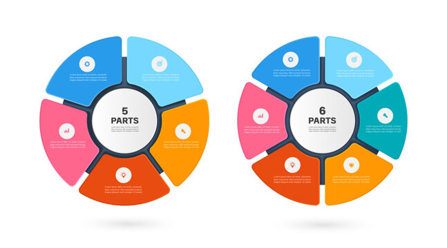 Two circular templates, divided into 5 and 6 sections, for designing infographics about processes or steps in a process, clearly divided into multiple colors, vector isolated for precent design