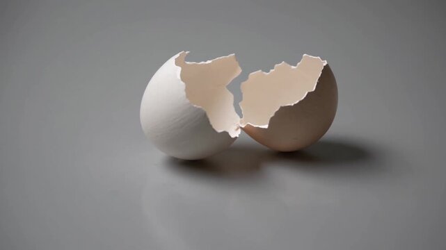 Two cracked eggshells on a smooth surface showcasing delicate textures and shades of white and brown
