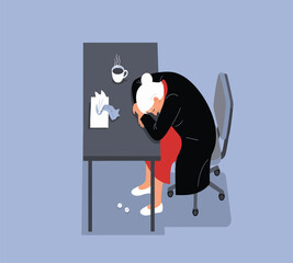 Illustration of exhausted woman sleeping at her desk with a cup of coffee and tissues, depicting burnout, stress, and the need for rest