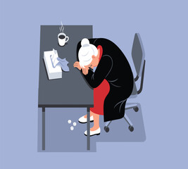 Illustration of exhausted woman sleeping at her desk with a cup of coffee and tissues, depicting burnout, stress, and the need for rest
