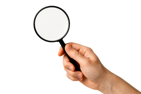 Hand holding a magnifying glass tool isolated on white