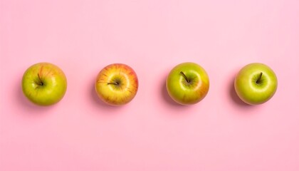 Four Green Apples on a Pink Background - Fresh and Healthy.