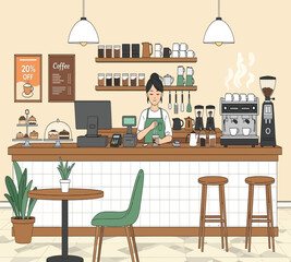 Illustration of a cozy coffee shop scene with a barista serving coffee, pastries, and a warm atmosphere, creating a welcoming space for customers to enjoy their drinks
