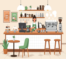 Illustration of a cozy coffee shop scene with a barista serving coffee, pastries, and a warm atmosphere, creating a welcoming space for customers to enjoy their drinks