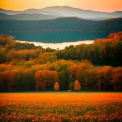 Obraz premium Beautiful autumn landscape with vibrant colors near a lake Generative AI
