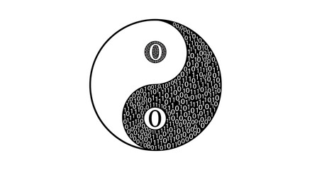 Yin yang symbol filled with binary code and zero symbols on a white background in black and white