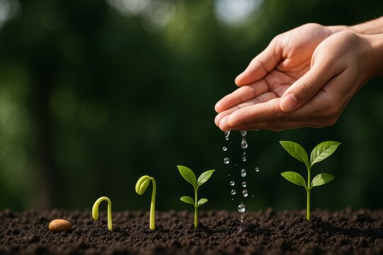 Hand watering growing plant stages from seed to sprout symbolizing care, growth, and environmental nurturing on natural green background. Ai generative