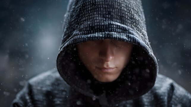 Mysterious hooded figure clad in binary code patterned jacket stands amidst falling snow