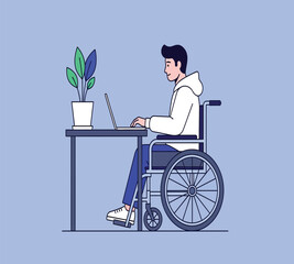 Illustration of a man in a wheelchair working on a laptop at a desk, promoting inclusivity and accessibility