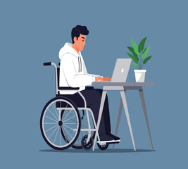 Illustration of a man in a wheelchair working on a laptop at a desk, promoting inclusivity and accessibility