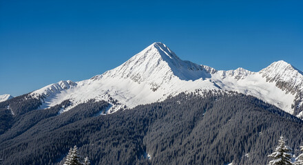 Winter mountain landscape panorama of high snow-covered peaks, glacier, and clear blue sky in the cold Swiss Alps