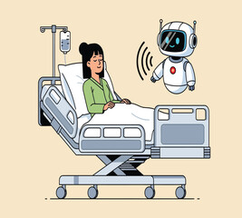 Illustration of a patient is lying in a hospital bed while a robot is talking to her, providing assistance and companionship during her recovery process