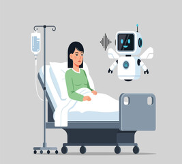 Illustration of a patient is lying in a hospital bed while a robot is talking to her, providing assistance and companionship during her recovery process