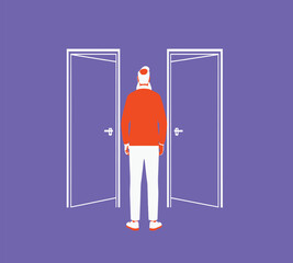Illustration of a person stands before two open doors, contemplating which path to choose, symbolizing decisionmaking and the uncertainty of future outcomes