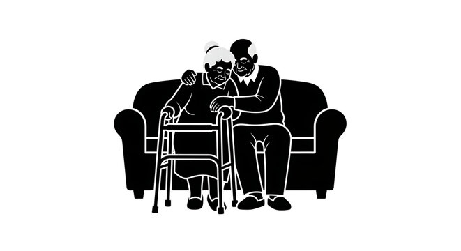 Elderly couple sitting on a couch with a walker in front of them in a black and white illustration - Powered by Adobe