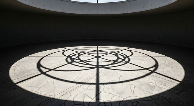 Light pattern on floor from skylight, circular design, shadows, interior.