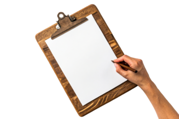 Hand Holding Pencil Writing on Blank Paper Clipboard