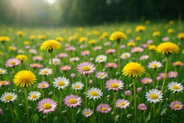 Blooming meadow with yellow dandelions and pink-white daisies in sunlight, symbolizing spring beauty and freshness in nature. Ai generative. Ai generative