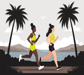 Illustration of two women are jogging on a tropical beach with palm trees, mountains, and a bird in the sky, enjoying a healthy lifestyle and outdoor fitness activity