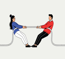 Illustration of a man and a woman are engaged in a tugofwar, symbolizing competition, conflict, and the struggle for power in business or personal relationships
