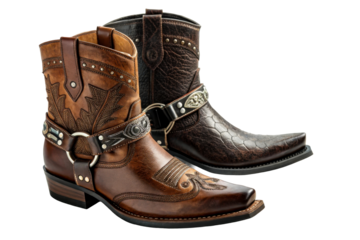Pair of ornate leather cowboy boots with metal accents