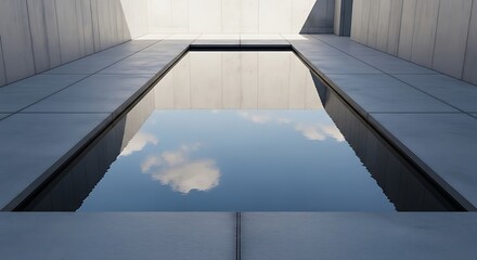 Sky reflection in a rectangular pool surrounded by concrete walls.