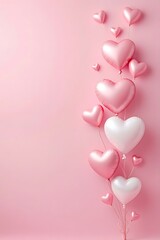 Valentine's greeting card featuring pink and white heart balloons bunch floating on the right of pink background with copy space